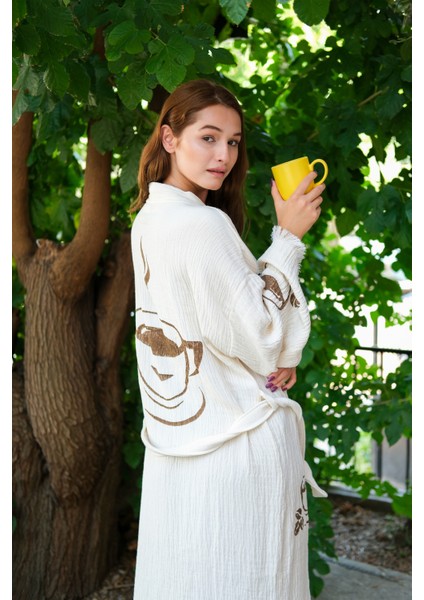 Müslin Kimono %100 Pamuklu Coffee Kahve Baskılı Desenli Bornoz Kaftan Sabahlık