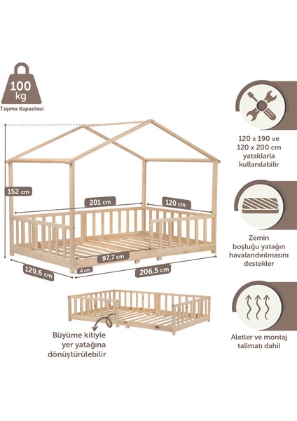 KCB360 Doğal Ahşap Çatılı Dönüştürülebilir Montessori Yatak 120 x 200 cm fiyatları