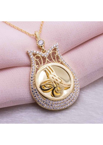 Altın Kaplama Tuğralı Lale 925 Ayar Gümüş Kadın Kolye