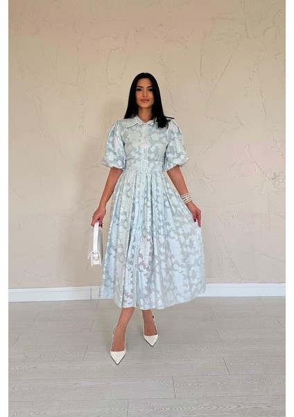Mint Kemerli Balon Kollu Elbise