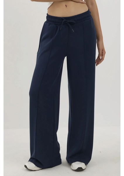 Kadın Nervür Detaylı Yumuşak Dokulu Geniş Paça Pantolon Busem Collection Lacivert