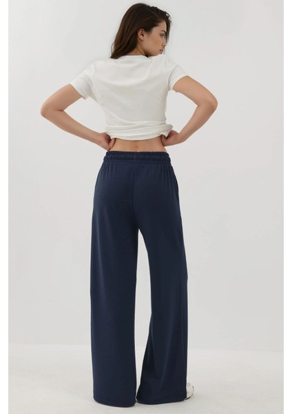 Kadın Nervür Detaylı Yumuşak Dokulu Geniş Paça Pantolon Busem Collection Lacivert modelleri