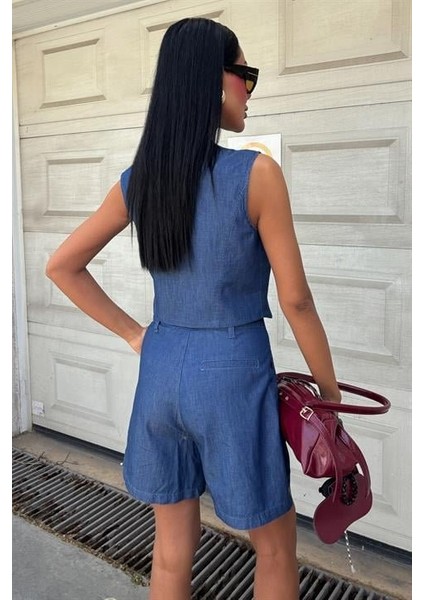 Gümüş Düğmeli Yelek ve Şort Tensel Takım 10174 indirimleri