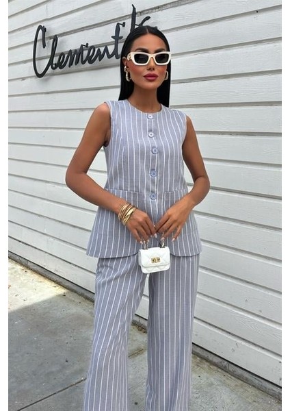 Çizgili Viscon Keten Yelekli Rahat Takım 10121 fiyatları