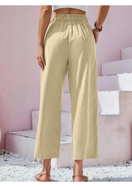 Kadın Bel Büzgü ve Düğme Detay Kapri Keten Pantolon modelleri