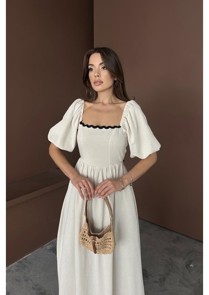 Bej Arkası Bağlamalı Keten Elbise fırsatları