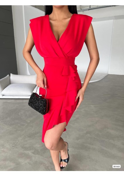 Kruvaze Yaka Scuba Volanlı Elbise Kırmızı 581663