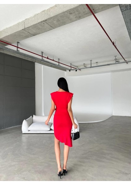 Kruvaze Yaka Scuba Volanlı Elbise Kırmızı 581663 modelleri