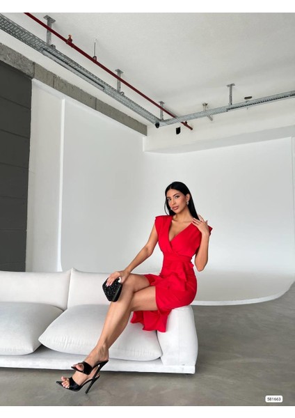 Kruvaze Yaka Scuba Volanlı Elbise Kırmızı 581663 fırsatları