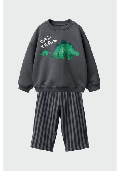 Erkek Çocuk Pamuklu Gri Sevimli Hayvancık Baskılı Sweatshirt - Dad Team Yazılı modelleri