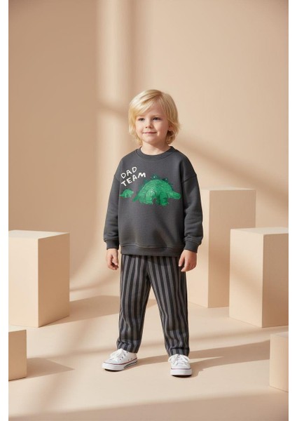 Erkek Çocuk Pamuklu Gri Sevimli Hayvancık Baskılı Sweatshirt - Dad Team Yazılı fırsatları
