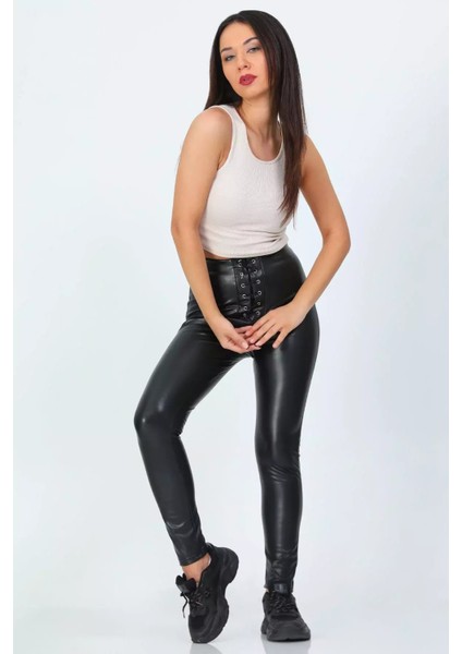 Kadın Şardonlu Bel Bağcıklı Detaylı Deri Tayt P-00001167