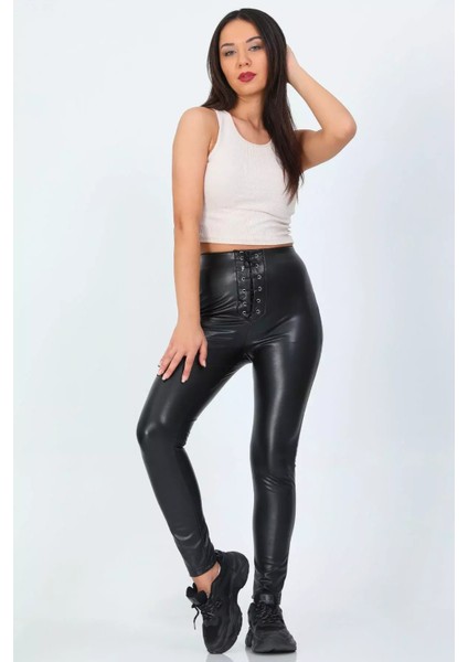 Kadın Şardonlu Bel Bağcıklı Detaylı Deri Tayt P-00001167 modelleri