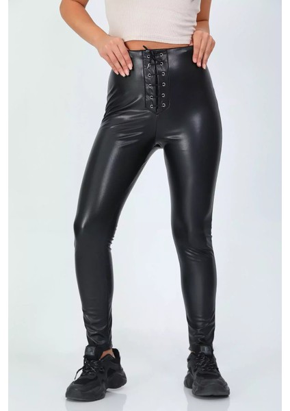 Kadın Şardonlu Bel Bağcıklı Detaylı Deri Tayt P-00001167 fırsatları