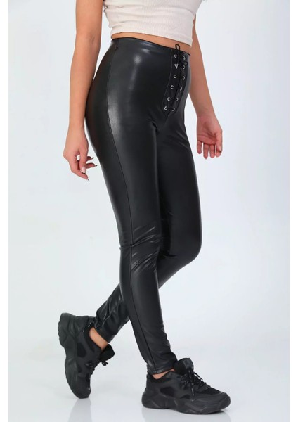 Kadın Şardonlu Bel Bağcıklı Detaylı Deri Tayt P-00001167 indirimleri