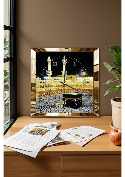 Gold Çerçeveli Kabe Temalı Dekoratif Mdf Duvar Saati