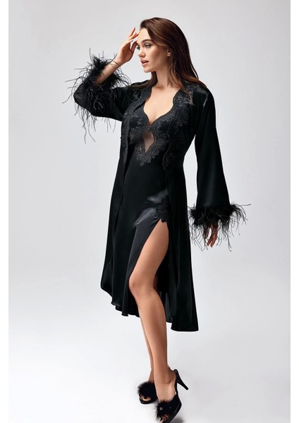 Freshness 9950-GS Saten Ortişli Gecelik Sabahlık Takım