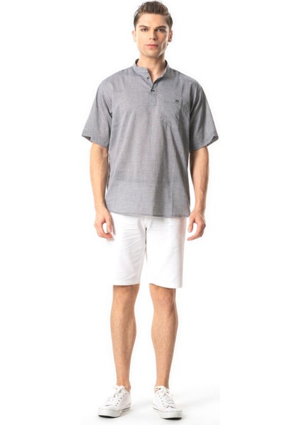 Kısa Kol Şile Bezi Tek Cepli Hakim Yaka Erkek Yazlık Tshirt Gri 3076