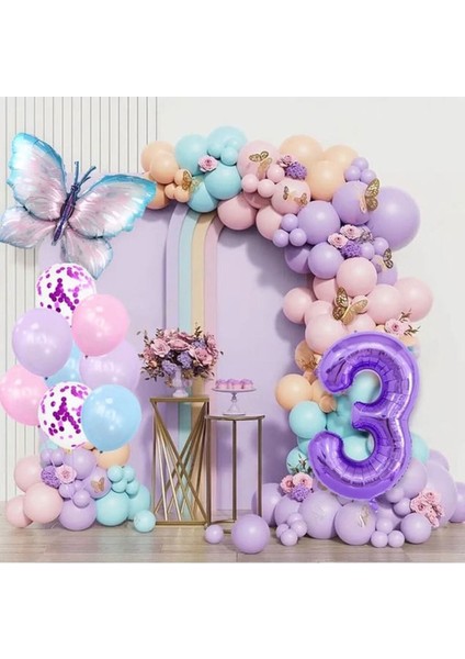 Mor Rakamlı Kelebek Folyolu Balon Zincir Set