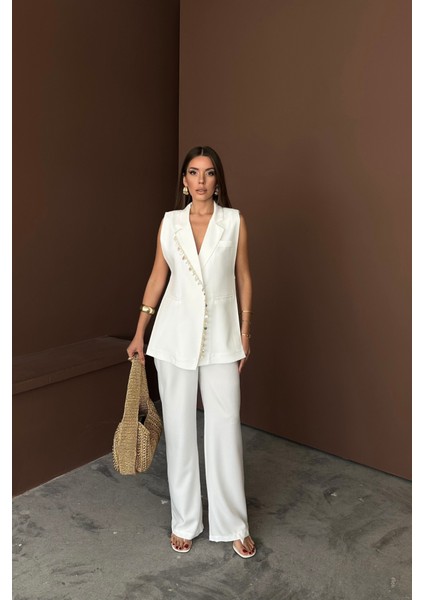 Yaka Midye Kabuğu Sıralı Yelek - Pantolontakım Keten Kumaş - Beyaz fırsatları