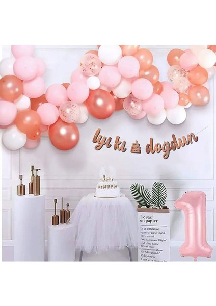 Lüks Pembe Rose Gold 1 Yaş Balon Seti