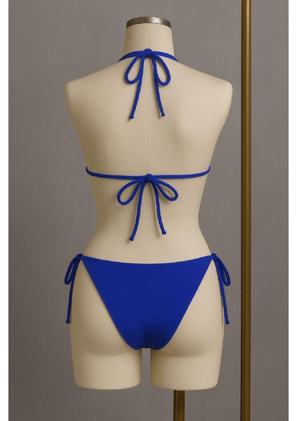 Kadın Mavi Yandan ve Boyundan Bağlamalı Bikini Mayo Takımı modelleri