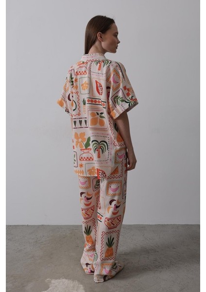 Baskılı Kısa Kol Pantolon Takım - Taş-Oranj modelleri