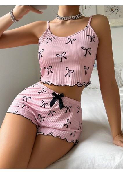 Kadın Siyah Fiyonklu Şortlu Takım Mini Pembe Rahat