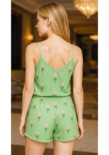 Yeşil Çiçek Desenli Askılı Şortlu Pijama Takımı fiyatları