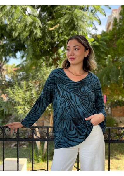 NC11285 Italyan V Yaka Zebra Desenli Triko Bluz Petrol