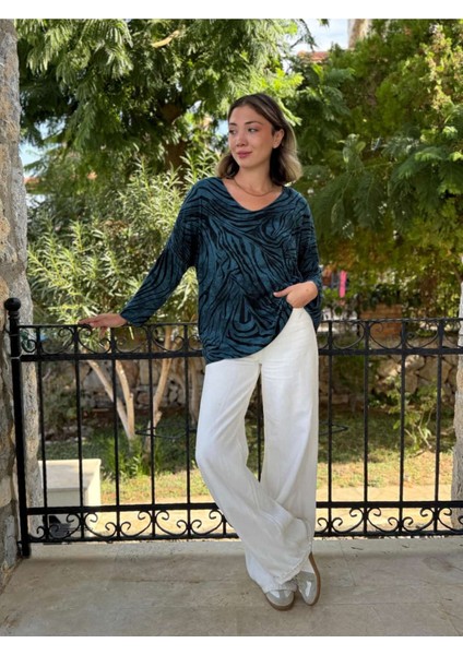 NC11285 Italyan V Yaka Zebra Desenli Triko Bluz Petrol fiyatları