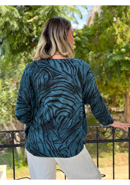 NC11285 Italyan V Yaka Zebra Desenli Triko Bluz Petrol