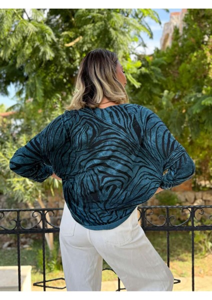 NC11285 Italyan V Yaka Zebra Desenli Triko Bluz Petrol