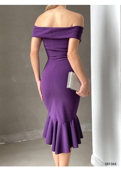 Ithal Krep Kumaş Madonna Yaka Volanlı Mor Elbise 581344 modelleri