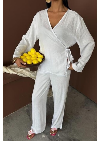 Kruvaze Model Klasik Pantolonlu Çupra Keten Takım 10191