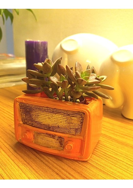 Retro Radyo Sukulent Saksısı ve Kalemlik - Masaüstü Dekoratif Organizer Turuncu 12*8 indirimleri