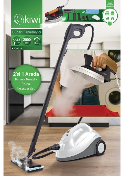 KSC-4218 2'si 1 Arada 2000 ml 4,5 Bar Buharlı Temizleyici ve Buharlı Ütü – 15 Parça Aksesuar
