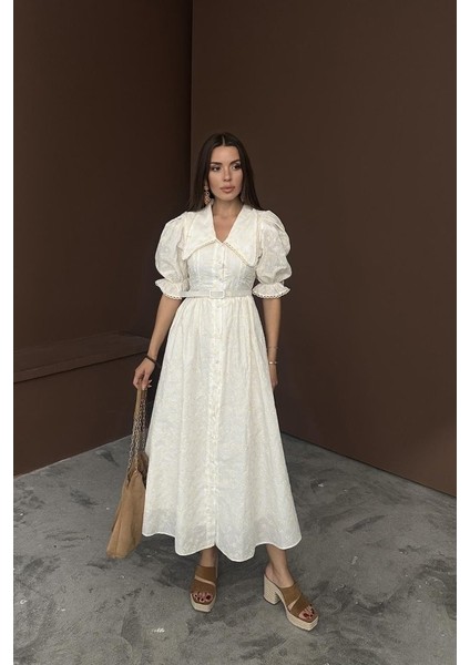 Bej Bebe Yaka Balon Kollu Brode Elbise fiyatları