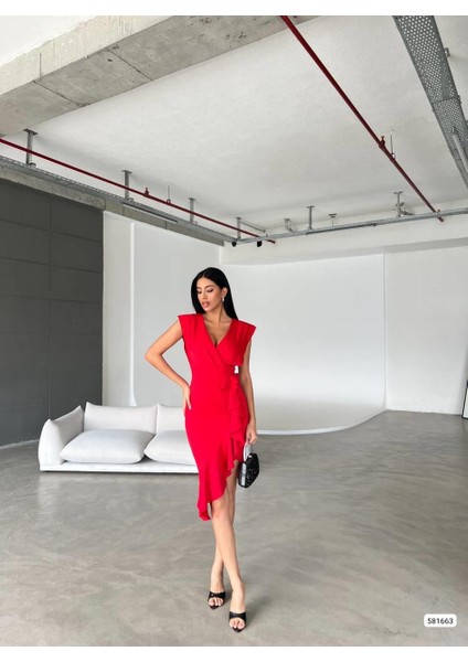 Kruvaze Yaka Scuba Volanlı Elbise Kırmızı 581663 indirimleri