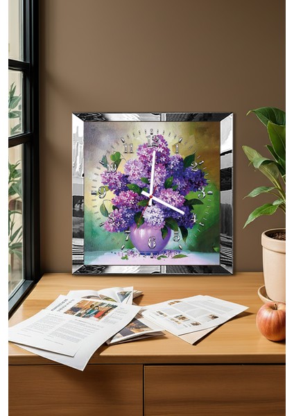 Gümüş Çerçeveli Mor Çiçekli Mor Vazo Temalı Dekoratif Mdf Duvar Saati