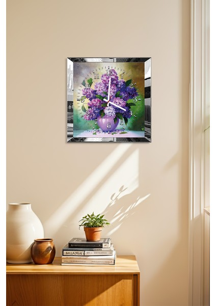 Gümüş Çerçeveli Mor Çiçekli Mor Vazo Temalı Dekoratif Mdf Duvar Saati modelleri