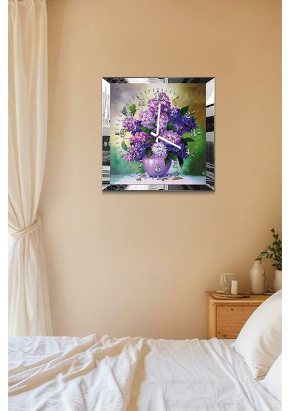 Gümüş Çerçeveli Mor Çiçekli Mor Vazo Temalı Dekoratif Mdf Duvar Saati indirimleri
