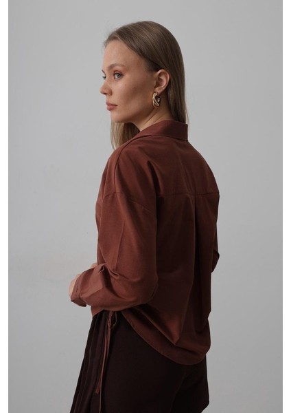 Yanları Bağlamalı Basic Gömlek - Koyu Kahve modelleri