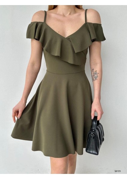 Yaka Volan Detaylı Askılı Kloş Abiye ve Mezuniyet Elbisesi 58729HAKI