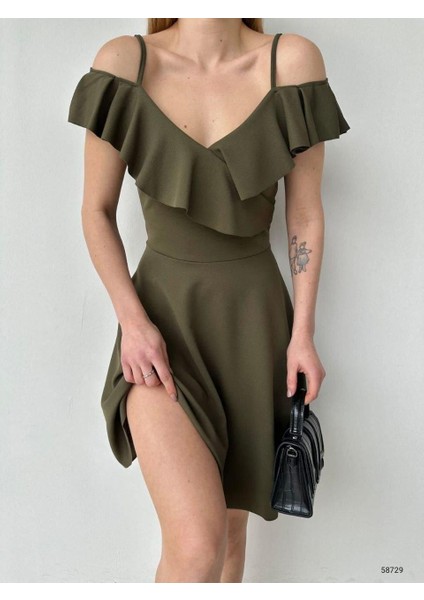 Yaka Volan Detaylı Askılı Kloş Abiye ve Mezuniyet Elbisesi 58729HAKI modelleri