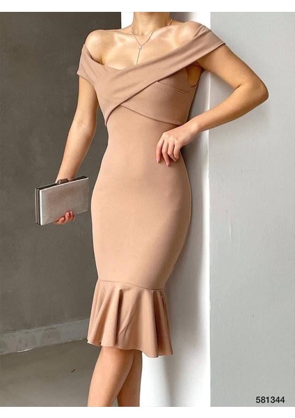 Ithal Krep Kumaş Madonna Yaka Volanlı Vizon Elbise 581344 modelleri