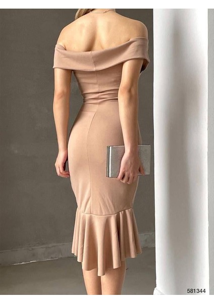 Ithal Krep Kumaş Madonna Yaka Volanlı Vizon Elbise 581344 fırsatları