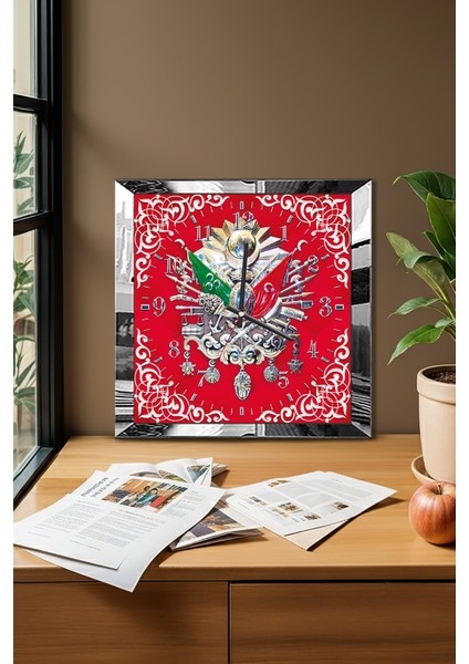 Gümüş Çerçeveli Kırmızı Osmanlı Tuğrası Temalı Dekoratif Mdf Duvar Saati