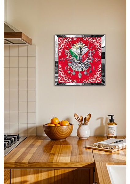 Gümüş Çerçeveli Kırmızı Osmanlı Tuğrası Temalı Dekoratif Mdf Duvar Saati fiyatları