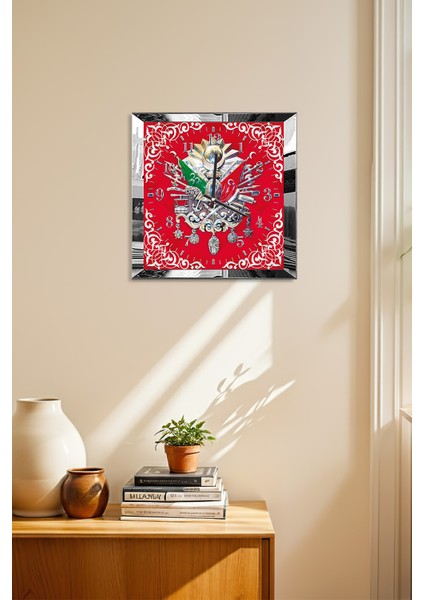 Gümüş Çerçeveli Kırmızı Osmanlı Tuğrası Temalı Dekoratif Mdf Duvar Saati modelleri